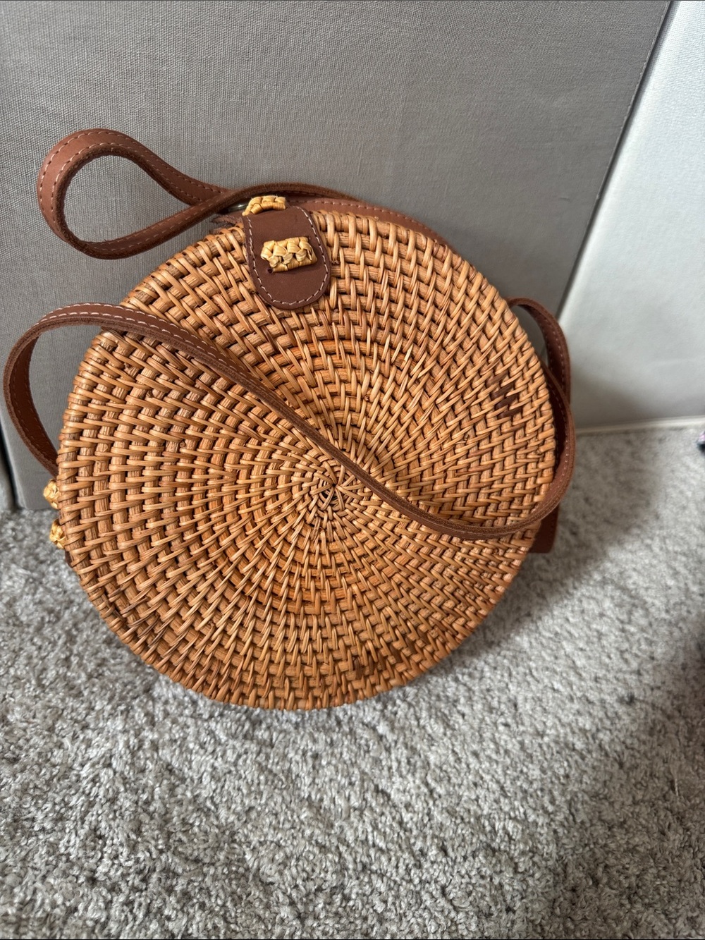 Round Woven Crossbody Bag in Brown